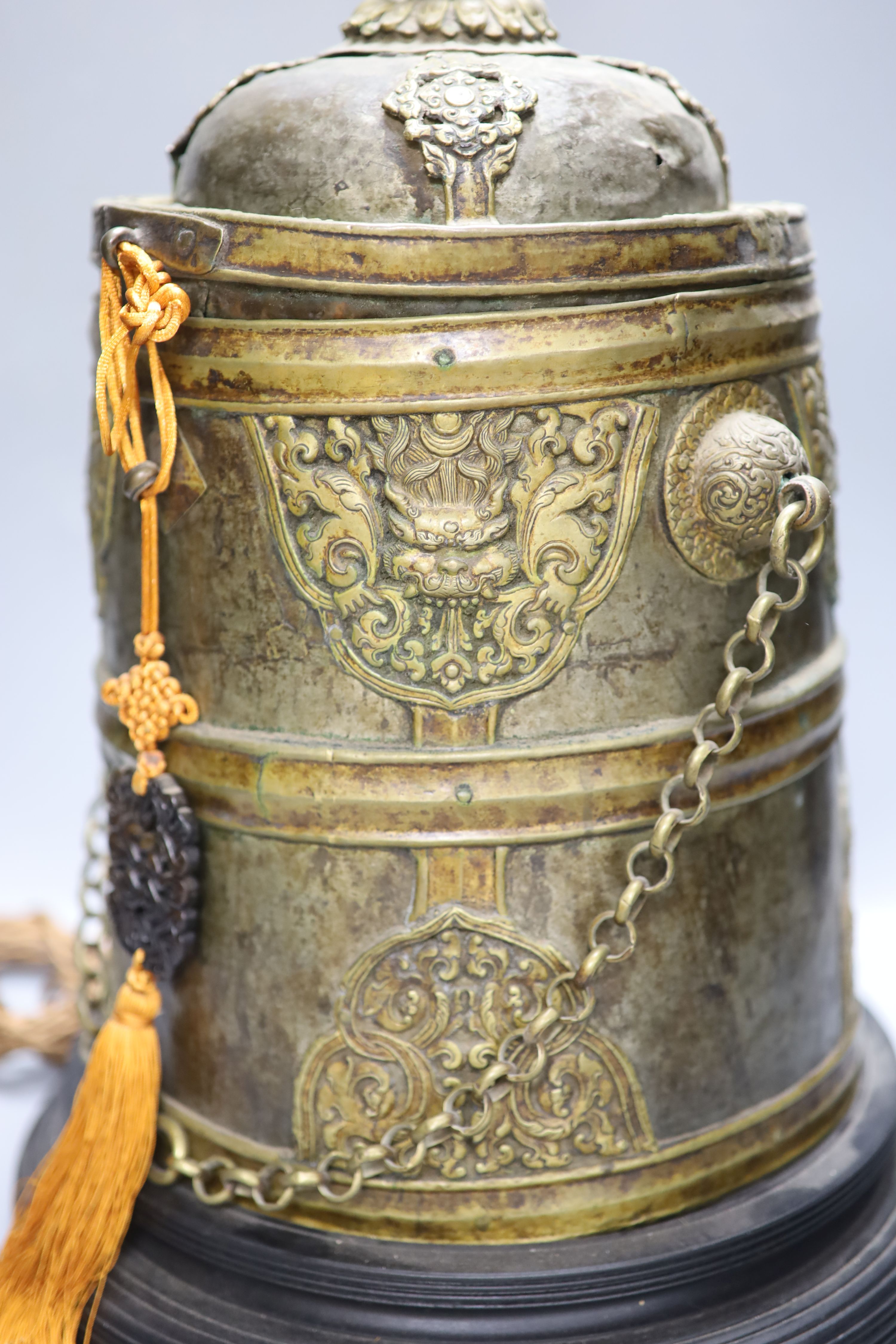 A Tibetan brass box converted lamp base, height 44cm excluding light fittings